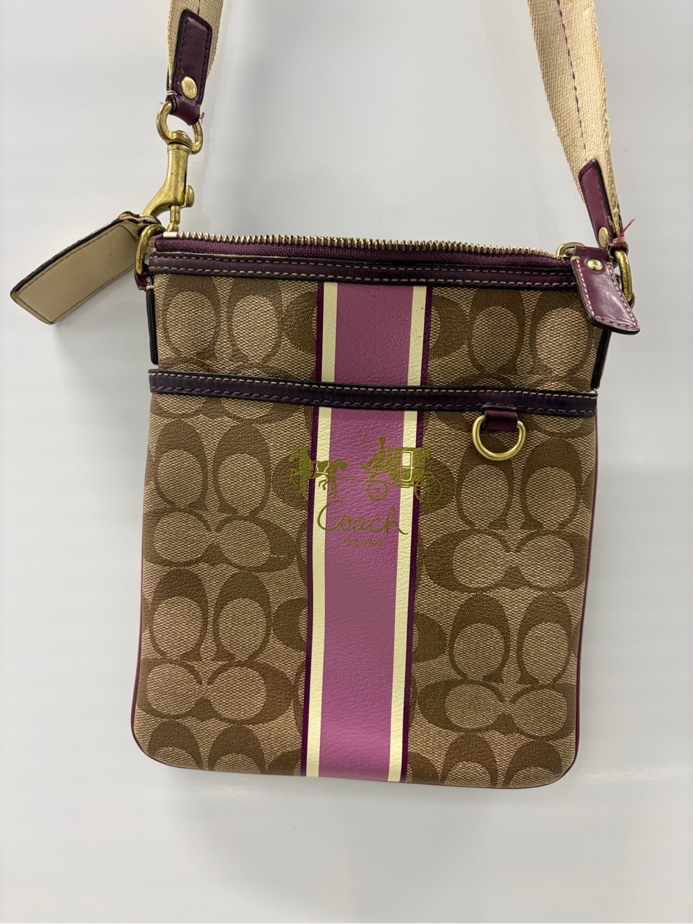 Coach Brown Signature Crossbody with Purple Stripe